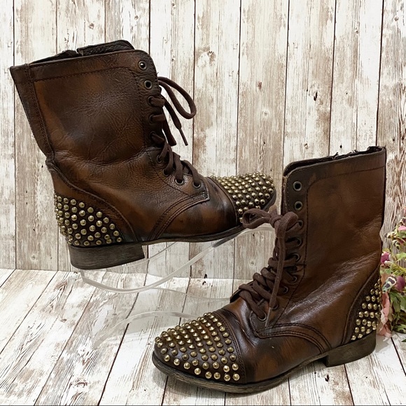 Steve Madden Tarnney Brown Gold Leather Stud Boots - Picture 5 of 16